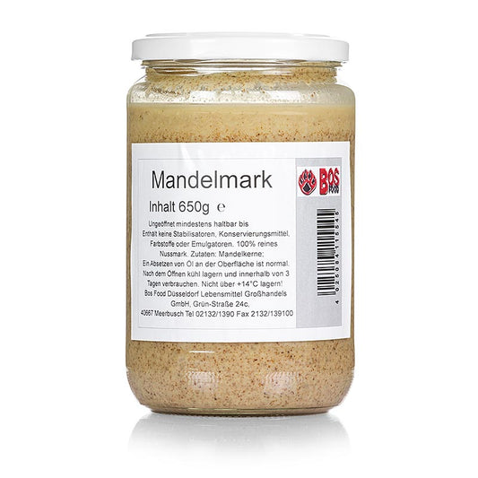 BOS FOOD Pulpe d'amande, pulpe 100% naturelle sans additifs, emballée dans un paquet de 650 g