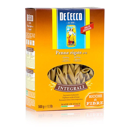 De Cecco Whole Wheat Penne Rigate, Nr41, 500 g - pâtes de blé entier sous forme de penne, idéales pour de délicieux plats italiens