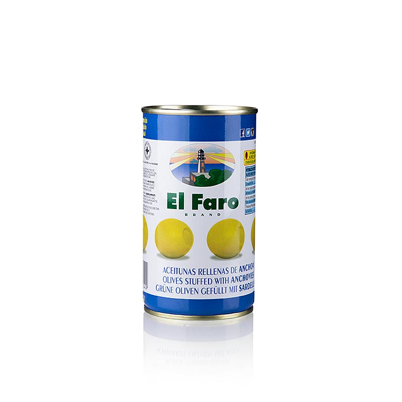 Olives vertes sans noyau avec anchois (farce aux anchois) de El Faro, 350 g, parfaites pour les tapas et les salades.