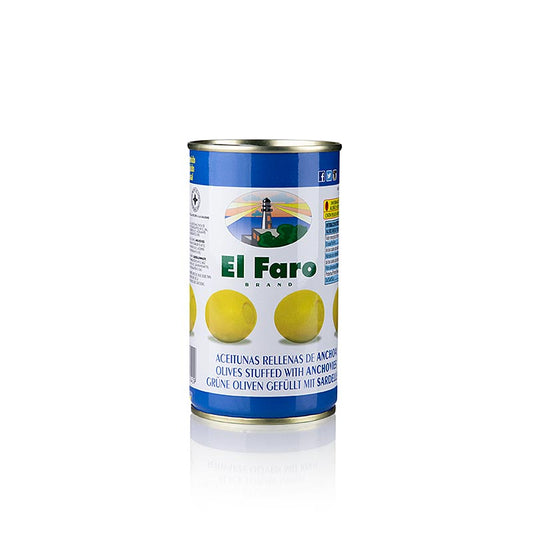 Olives vertes sans noyau avec anchois (farce aux anchois) de El Faro, 350 g, parfaites pour les tapas et les salades.