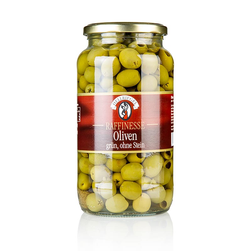 Olives vertes dénoyautées, saumurées à l'eau salée, conditionnées dans un bocal de 935g