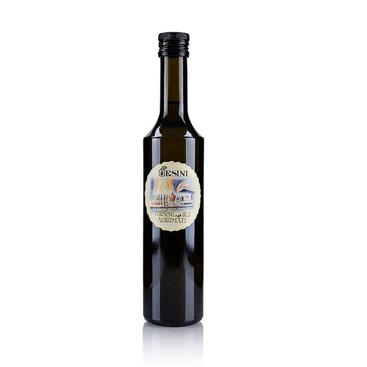 Huile d'olive extra vierge biologique, Ursini aromatisée au citron (agrumato al limone) en bouteille de 500 ml, idéale pour enrichir les salades et les plats de poisson.