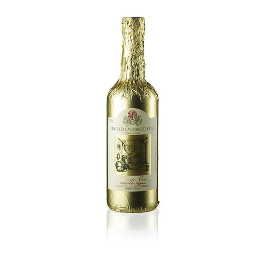 Huile d'olive extra vierge, Calvi Mosto Oro, feuille d'or, 750ml - Une bouteille de 750ml d'huile d'olive extra vierge de haute qualité de Calvi, connue sous le nom de Mosto Oro, emballée dans un luxueux emballage en feuille d'or.