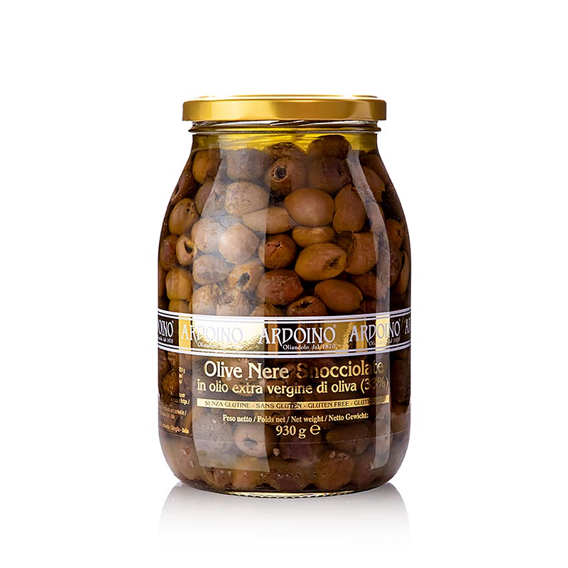 Olives noires dénoyautées (Snocciolate), à l'huile d'olive, Ardoino, 930 g - délicieuses olives noires dénoyautées à l'huile d'olive de la marque Ardoino, 930 g
