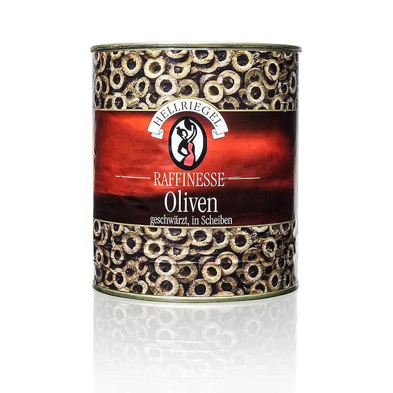 Photo d'olives noires tranchées, noircies et saumurées, conditionnées en bocal de 285 kg