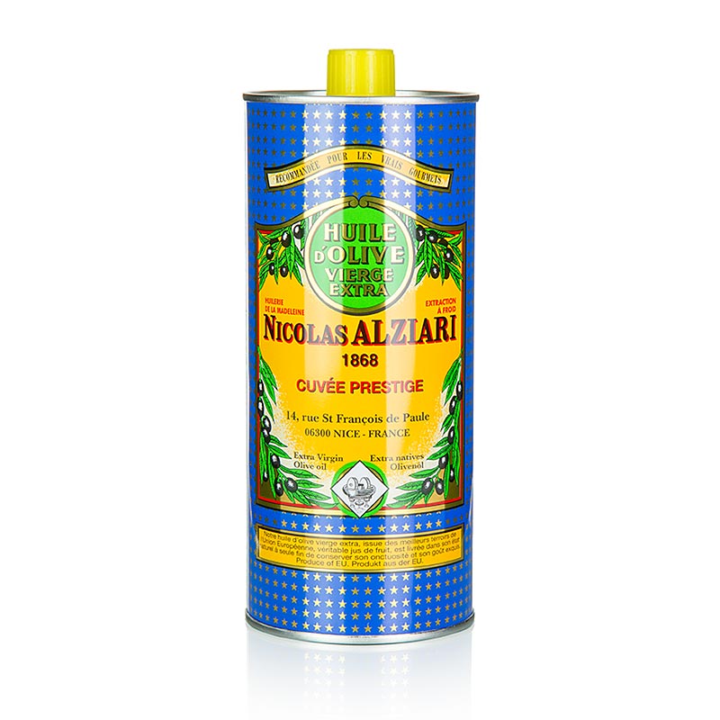 Huile d'olive vierge extra, Fruité Douce, Alziari, 1 litre - une bouteille d'huile d'olive vierge de haute qualité au goût doux et fruité, produite par Alziari, dans un récipient de 1 litre.