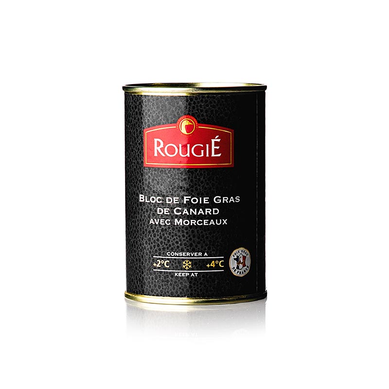 Un bloc de foie gras de canard demi-conservé de 400g avec des morceaux de forme ronde, provenant de Rougié