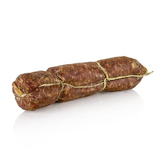 Salumi Montalcino Salami Cinghiale de haute qualité, composé de 50 % de sanglier, d'un poids d'environ 400 grammes, parfait pour les plateaux de charcuterie et la cuisine italienne.