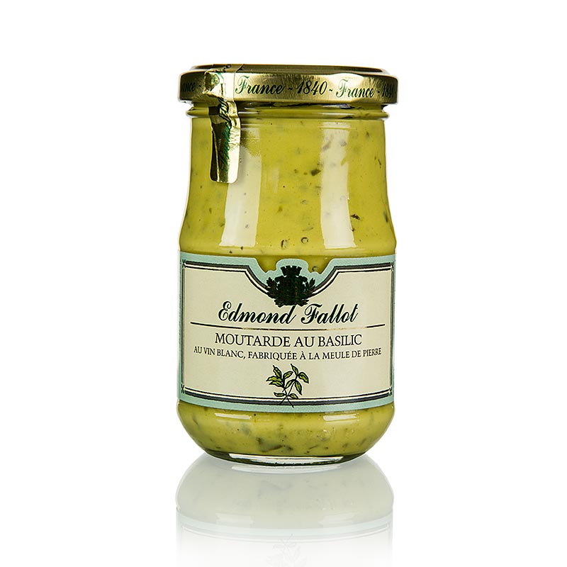 Pot de 190 ml de moutarde Fallot, texture fine avec ajout de basilic