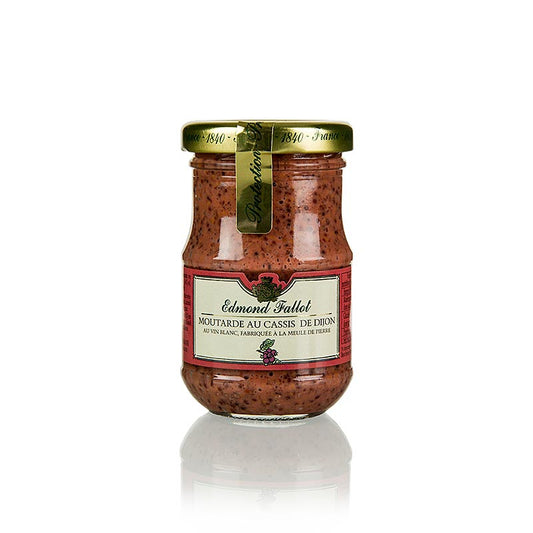 Pot de 100 ml de moutarde Fallot, grossièrement broyée avec de la liqueur de cassis.