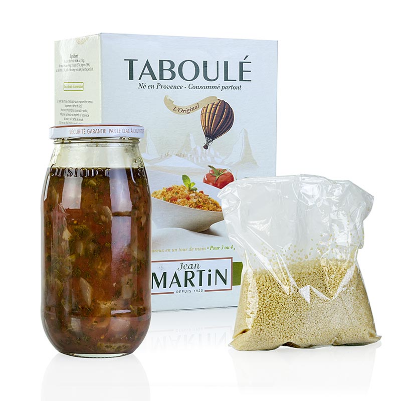 Mélange de taboulé prêt à l'emploi dans un pot de sauce et un sachet de couscous, 630 g, idéal pour préparer rapidement et facilement un délicieux repas.