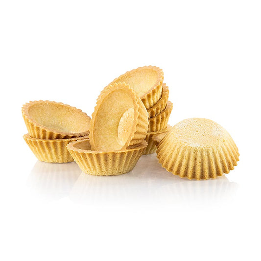 Tartelettes de dessert, rondes, d'un diamètre de 6 cm et d'une hauteur de 2 cm, en pâte sablée, emballées dans une boîte de 3 kg avec un total de 210 pièces.