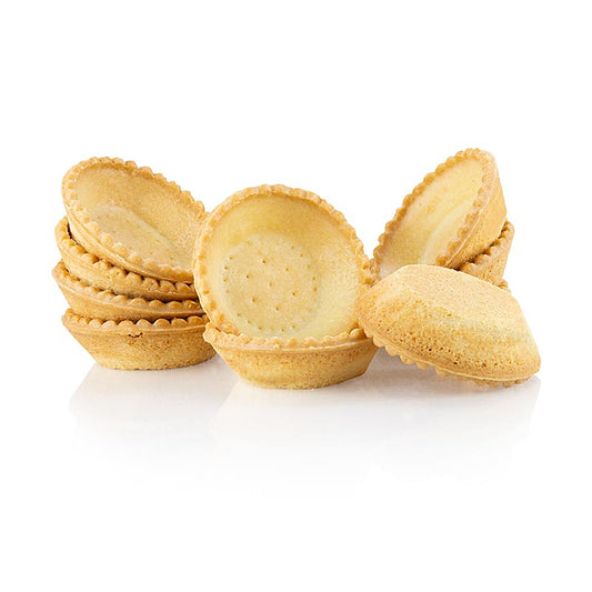 Tartelettes à dessert, rondes, d'un diamètre de 7cm et d'une hauteur de 2cm, en pâte sablée, emballées dans 221 kg, dans une boîte de 140 pièces