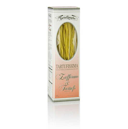 Tartuflanghe pâtes à la truffe avec safran et 3% de truffe d'été, 250 g, délicieuses pâtes enrichies de la saveur de la truffe et du safran.