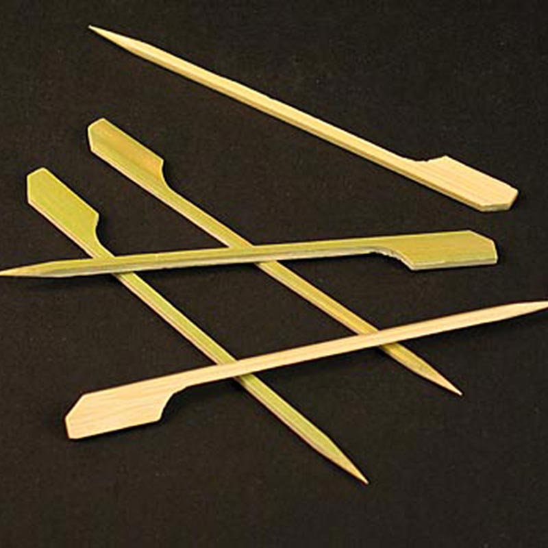 Brochettes en bambou avec extrémité en forme de feuille de 12 cm de long, emballées dans une boîte de 250 pièces