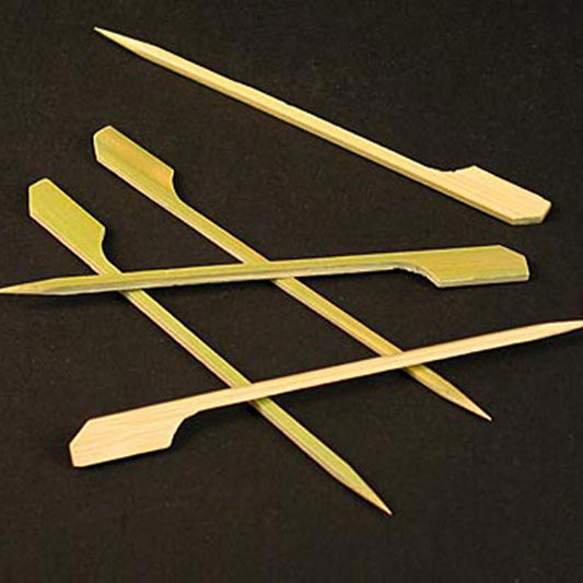 Brochettes en bambou avec extrémité en forme de feuille de 12 cm de long, emballées dans une boîte de 250 pièces