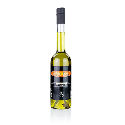 Bouteille de 500 ml d'huile d'olive extra vierge CIBO BOS à l'arôme de truffe blanche (huile de truffe) sur fond blanc