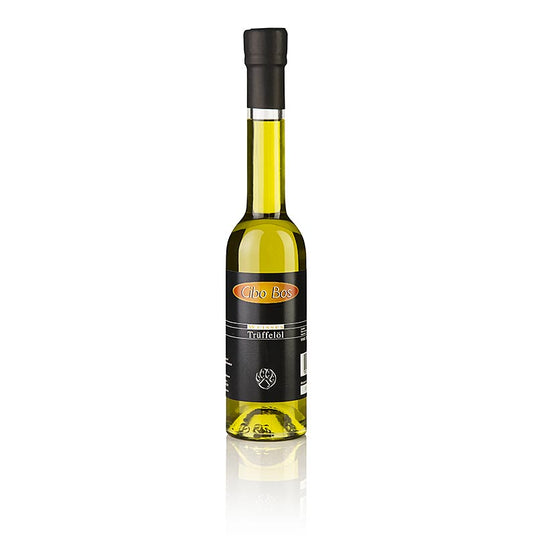 Bouteille de 250 ml d'huile d'olive extra vierge CIBO BOS à l'arôme de truffe blanche (huile de truffe) sur fond blanc