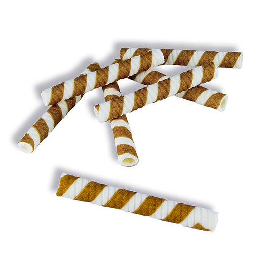 Hohlhippen - Bicolore, chocolat/nature rayé, 9cm, 800 g, 250 pcs - Image d'un paquet de 800g de 250 pièces, 9cm de long, avec du chocolat rayé et des couleurs naturelles.