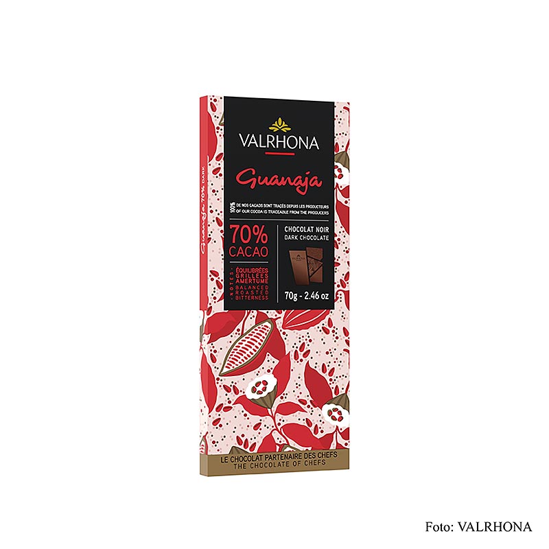 Valrhona Guanaja - chocolat noir, avec éclats de cacao, 70% de cacao, 70 g - chocolat de qualité supérieure avec une saveur intense et riche et des éclats de cacao croquants, parfait pour les vrais amateurs de chocolat.