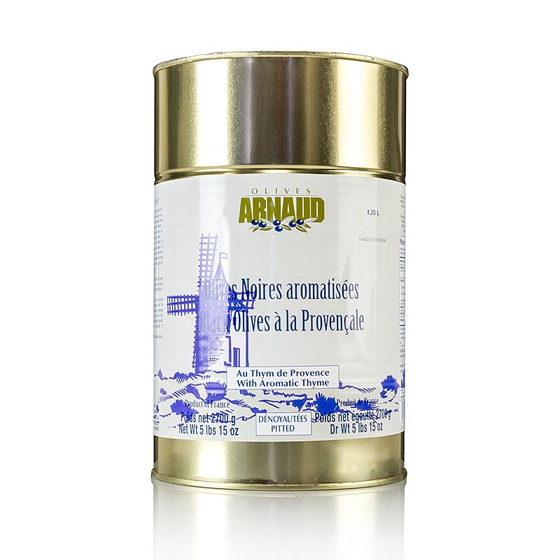 Olives noires sans pépins au thym à l'huile de tournesol de la marque Arnaud, emballées dans un conteneur de 27 kg