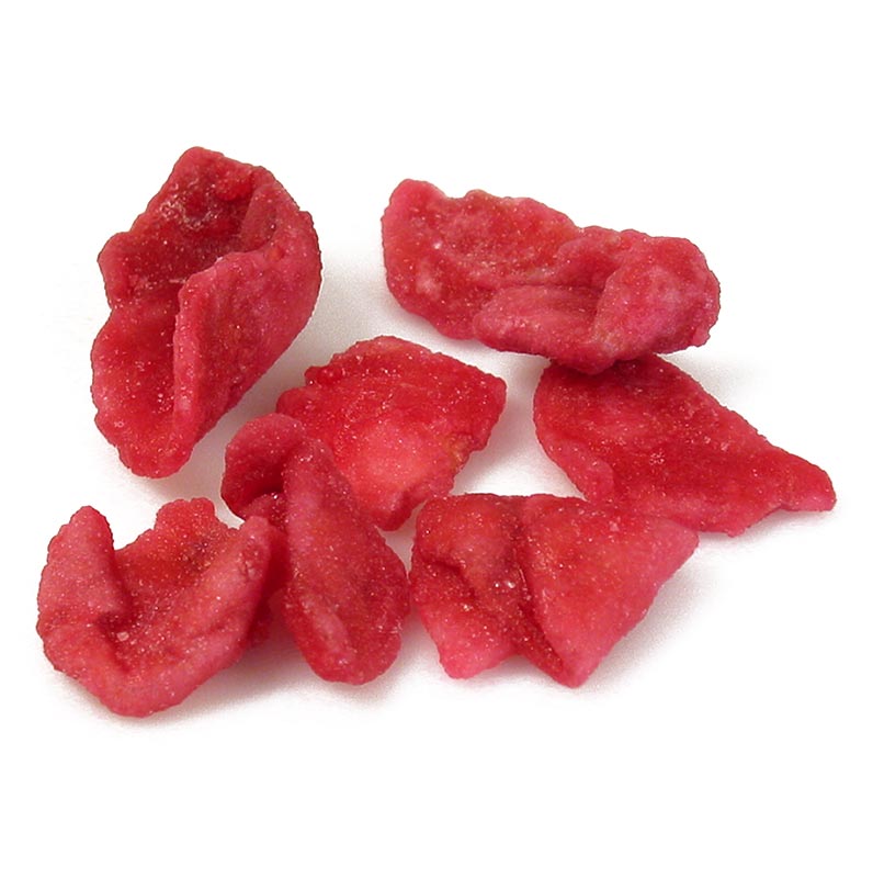 Un kilogramme de pétales de roses comestibles, confits et cristallisés, de couleur rouge.