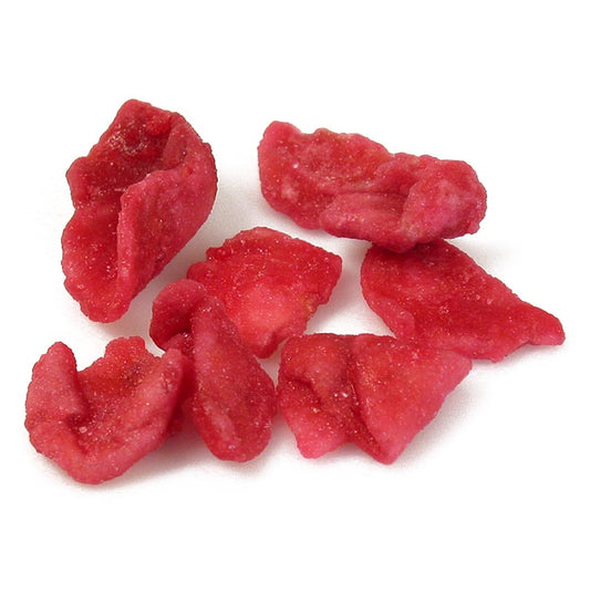 Un kilogramme de pétales de roses comestibles, confits et cristallisés, de couleur rouge.