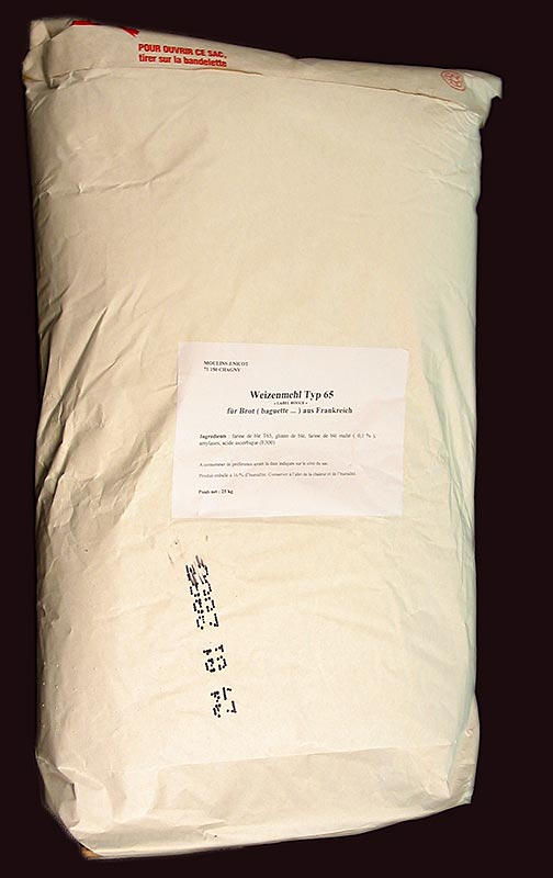 Farine de type 65, farine de blé de France, adaptée à la fabrication de pain, conditionnée en sacs banette de 25 kg