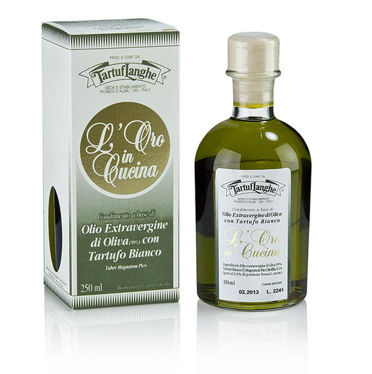 Tartuflanghe Extra Virgin Olive Oil L'Oro in Cucina with white truffle & aroma 250 ml - Une bouteille de 250 ml d'huile d'olive extra vierge à l'arôme de truffe blanche.