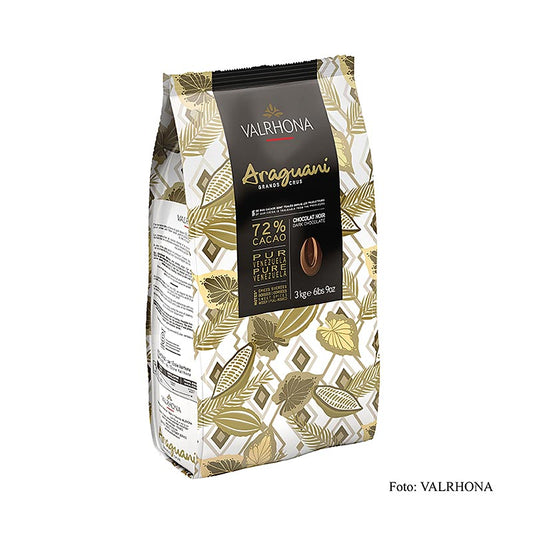 Valrhona Araguani Grand Cru couverture noire Callets, 72% de cacao, Venezuela, 3 kg - Image de Valrhona Araguani Grand Cru chocolat noir Callets avec 72% de cacao du Venezuela, emballé dans un sac de 3 kg