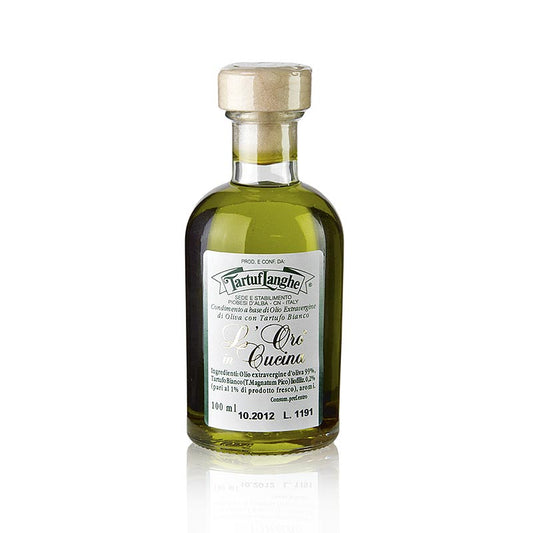 Tartuflanghe Extra Virgin Olive Oil L'Oro in Cucina with white truffle & aroma 100 ml - Une huile d'olive délicieuse et luxueuse enrichie de l'arôme de la truffe blanche, parfaite pour enrichir les plats dans la cuisine.