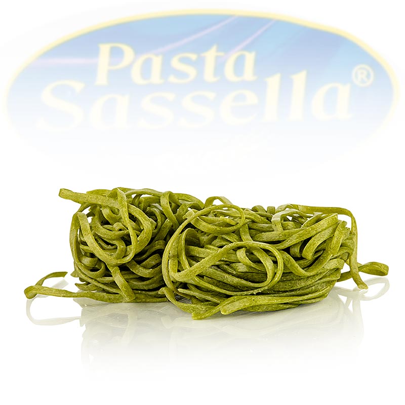 Tagliarini frais aux épinards, tagliatelles vertes de Sassella, 500 g, 3 mm de large Délicieuses pâtes fraîches au goût d'épinards, parfaites pour tous les plats