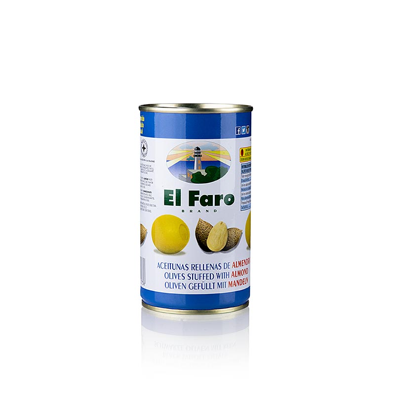 Olives vertes sans noyau, farcies aux amandes, saumurées à l'eau salée, El Faro, 350 g - Image d'olives vertes sans noyau, farcies aux amandes, saumurées à l'eau salée, emballées dans un sachet de 350 g de la marque El Faro