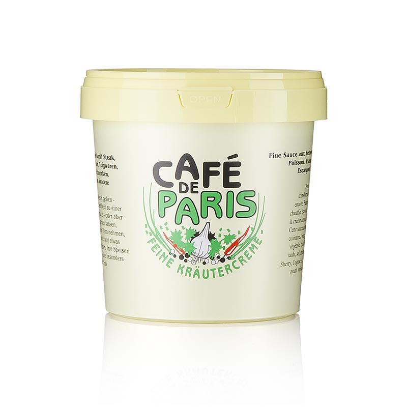 Crème d'herbes - Café de Paris, avec des graisses végétales, des herbes et du beurre, 1 kg - Une crème d'herbes crémeuse et savoureuse avec des graisses végétales, des herbes et du beurre, dans un emballage de 1 kg.