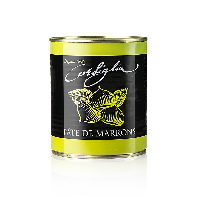 Pâte de marrons, à la vanille, ferme et douce (boîte verte), Corsiglia Facor, 1 kg - Délicieuse pâte de marrons ferme et douce à la vanille, conditionnée dans une boîte verte de 1 kg de Corsiglia Facor.