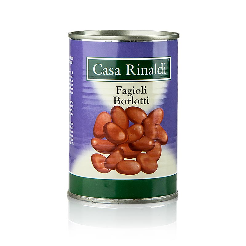 Photographie des haricots Borlotti cuits en paquet de 400 grammes, également connus sous le nom de Fagioli Borlotti.