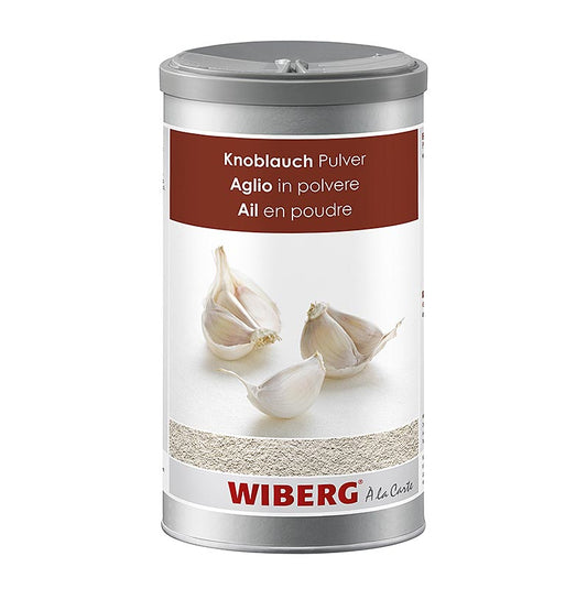 Photo d'un pot de 580 g de poudre d'ail Wiberg, un produit populaire pour assaisonner les plats.