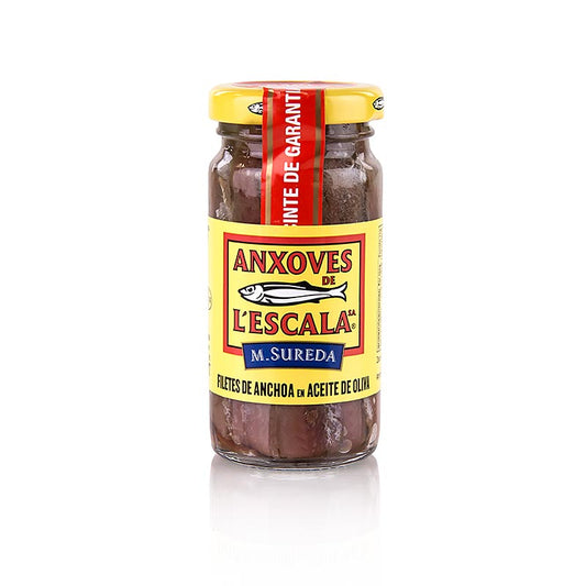 Filets d'anchois de première qualité, conservés dans l'huile d'olive, de L'Escala, 100 g, conditionnés dans un emballage savoureux et de grande qualité