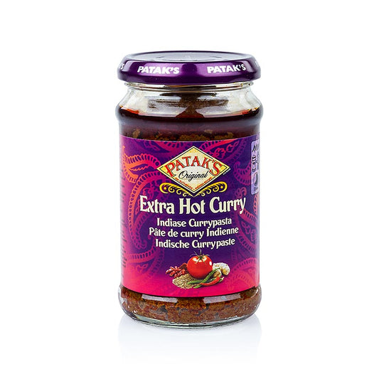 Un paquet de 283 g de pâte de curry rouge Extra Hot de Patak's, un produit épicé et savoureux parfait pour ajouter du piquant à vos plats.