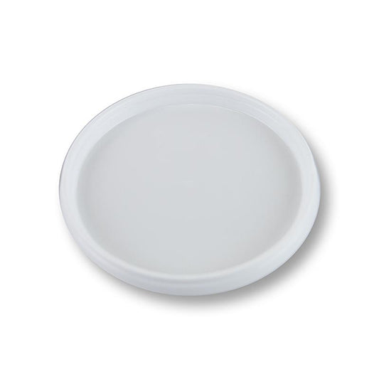 Couvercle blanc pour un pot ou une tasse en plastique de 11 cm de diamètre, idéal pour sceller les aliments, durable et pratique à utiliser.