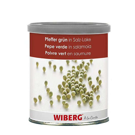 Poivre vert Wiberg, mariné, entier, 800 g - Photo d'un bocal de poivrons verts marinés entiers de la marque Wiberg, d'une contenance de 800 g.