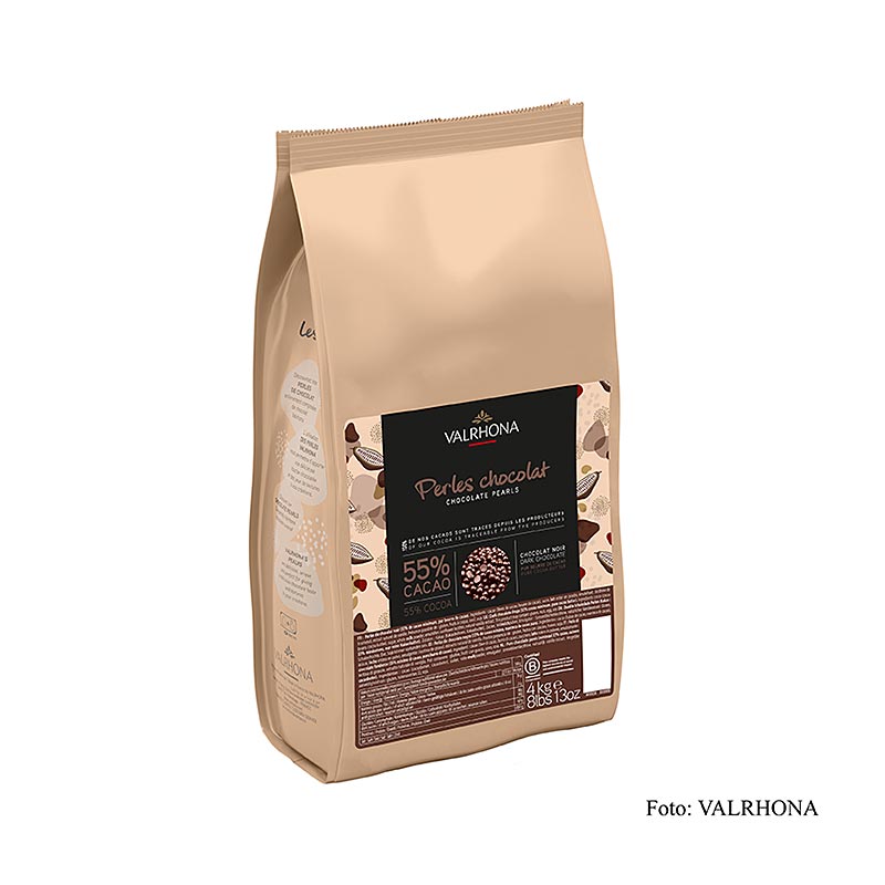 Perles de chocolat pour la pâtisserie, 55% de cacao, Valrhona, 4 kg - boules de chocolat de haute qualité pour la pâtisserie et la cuisine, fabriquées à partir de 55% de cacao par la marque renommée Valrhona, emballées dans un paquet pratique de 4 kg