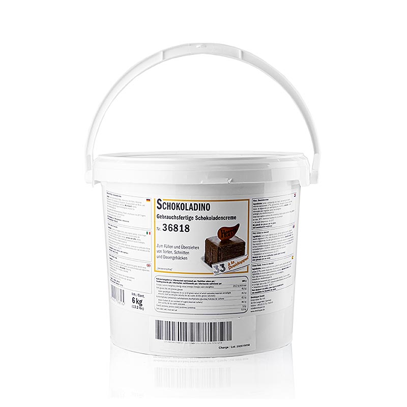 Fat Glaze Schokoladino by Dreidoppel, 6 kg, un glaçage au chocolat crémeux et savoureux pour décorer et fourrer les gâteaux et les desserts.