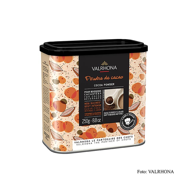 Poudre de cacao, légèrement dégraissée, avec 20-22% de beurre de cacao, de la marque Valrhona, disponible en paquet de 250 g