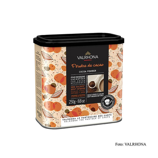 Poudre de cacao, légèrement dégraissée, avec 20-22% de beurre de cacao, de la marque Valrhona, disponible en paquet de 250 g