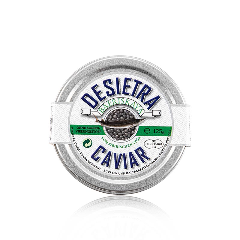 125g de caviar Desietra Baeriskaya (baerii) issu de l'aquaculture, sans conservateur, dans un emballage visuellement attrayant.