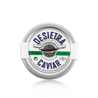 125g de caviar Desietra Baeriskaya (baerii) issu de l'aquaculture, sans conservateur, dans un emballage visuellement attrayant.