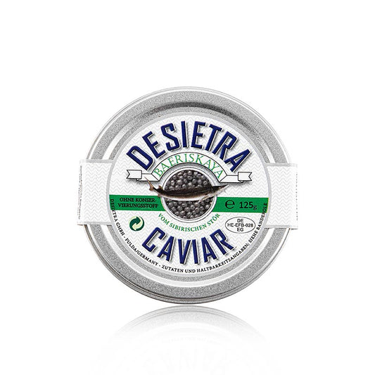 125g de caviar Desietra Baeriskaya (baerii) issu de l'aquaculture, sans conservateur, dans un emballage visuellement attrayant.