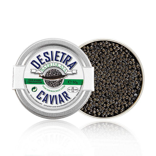 Caviar Desietra Baeriskaya (baerii) avec un poids de 50g, produit d'aquaculture sans conservateurs