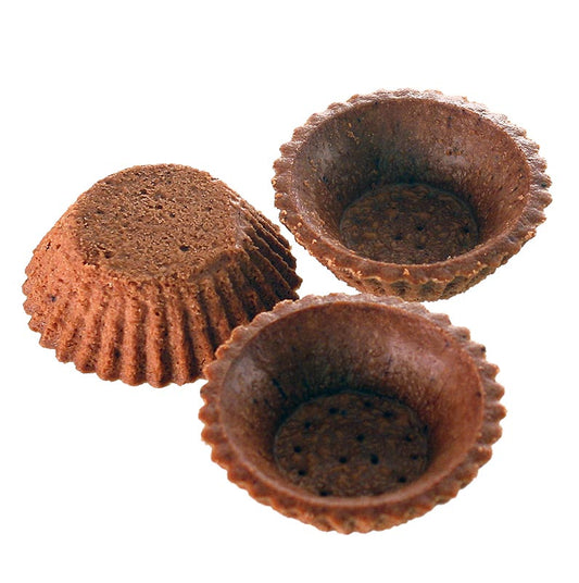 Tartelettes à dessert, rondes, ø 6cm, H 2cm, pâte sablée au chocolat, 298 kg, 210 pièces - Image d'un grand stock de délicieuses tartelettes sablées au chocolat, chacune avec un diamètre de 6cm et une hauteur de 2cm, emballées dans des boîtes de 298 kg avec un total de 210 pièces.